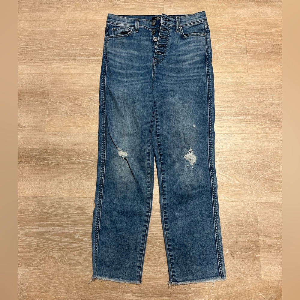 7 For All Mankind Blue Cropped High Wasted‎ Jeans Distressed Details Size 27